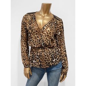 Express Women's Brown Leopard Print Sheer Long Sleeve Wrap Peplum Top Size XS